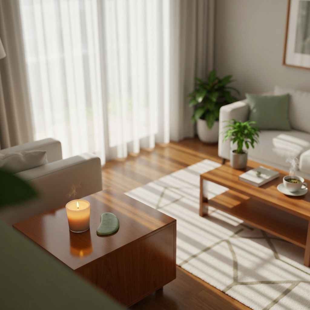 Wellness ritual scene with candle and jade tools